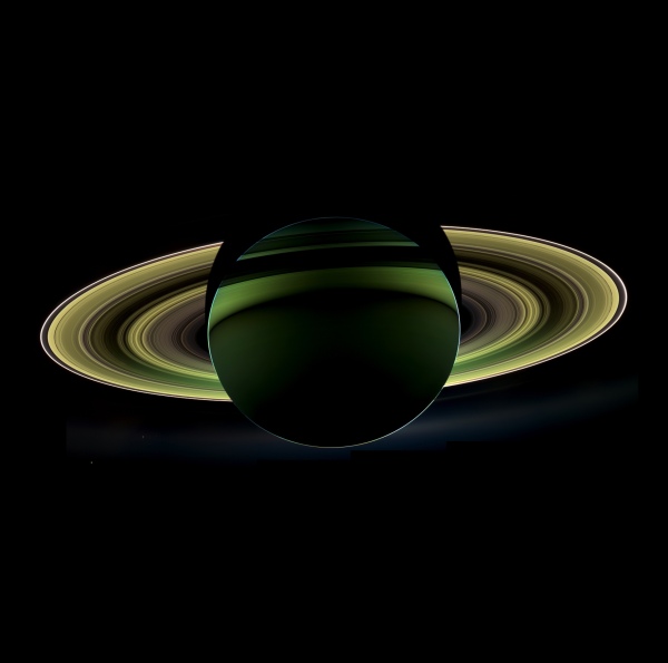 Mosaic of a backlit Saturn, made from 60 Cassini images acquired on October 12, 2012. 